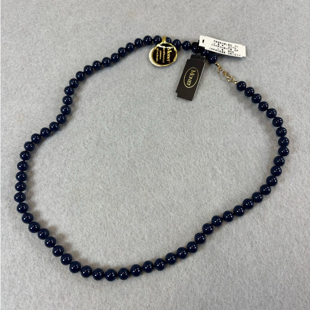 NWT Vtg Monet Navy Blue Glass Beaded‎ Necklace Individually Knotted approx 24"